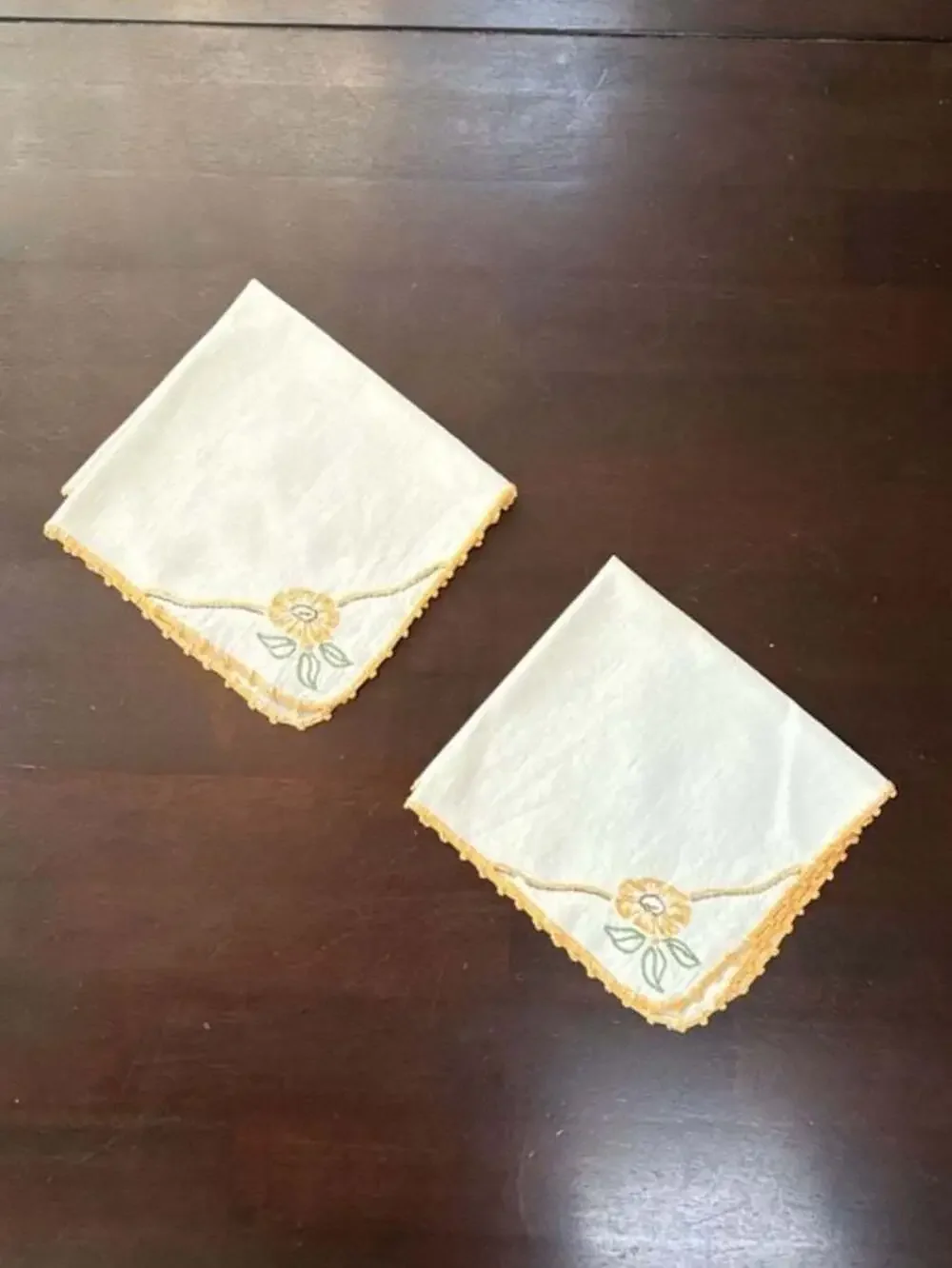 Set of 2 Vintage White Cotton Napkins Embroidered Yellow Floral Corners, Edging